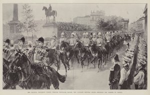 The Colonial Procession passing through Trafalgar Square, the Canadian Mounted Troops preceding the Premier of Canada by William Heysham Overend
