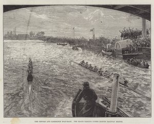The Oxford and Cambridge Boat-Race, the Boats passing under Barnes Railway Bridge by William Heysham Overend