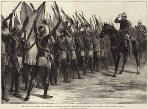 The Zulu War, General Lord Chelmsford reviewing the Native Contingent on the Banks of the Tugela, Natives shouting H-H-Ooo!