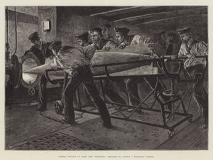 Torpedo Practice on Board HMS Thunderer, preparing to launch a Whitehead Torpedo