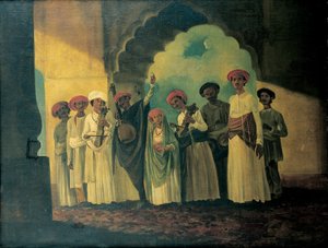 Group of Indian Musicians Playing a Sarangi, a Tambura and Tablas, with a Girl Dancing on a Terrace