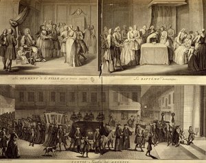 Judgment of young pregnant woman, baptism and funeral by William Hogarth