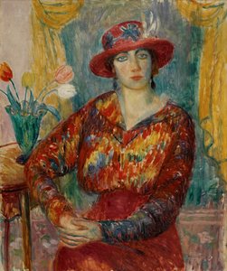 Woman in Red Blouse with Tulips