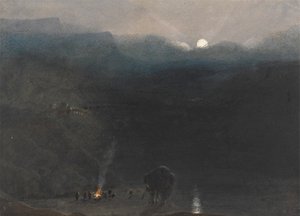 Mauritius - Moonlight, with Charcoal Burners Fire in the Black River Gorge by William John Chamberlayne