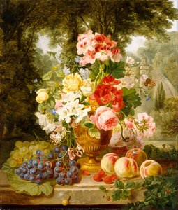 A Vase of Summer Flowers and Fruit on a Ledge in a Landscape