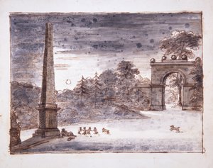 Chiswick, Burlington Lane Gate and the Obelisk in Moonlight with Kent Sitting by the Obelisk Dreaming, and Rabbits at Play by William Kent