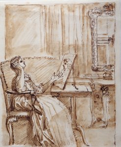 Lady Burlington Sitting in Her Garden Room Admiring an Old Master Drawing by William Kent