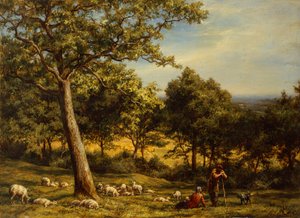 A Shepherd and His Flock in a Sunlit Wooded Landscape