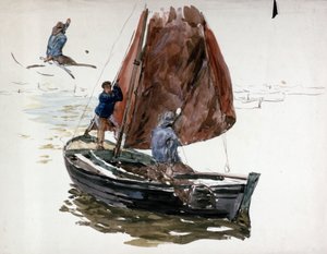 A man and a boy aboard a small sailing boat by William Lionel Wyllie