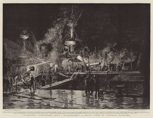 Overtime, completing HMS Magnificent, a Night Scene in Chatham Dockyard