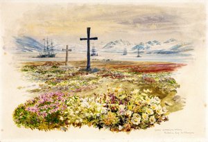 Search Bay, Tasmania, Australia, Two Crosses Planted in Flower Beds with Ships in the Distance by William Lionel Wyllie