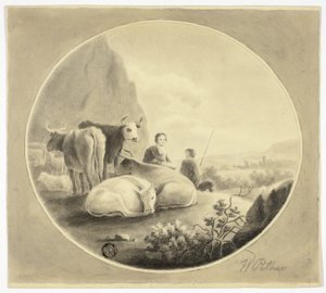 Herdsmen, Cows and Sheep in Landscape by William Pether