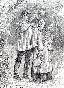 The crowning of the May Queen with a wreath of hawthorn by her sweetheart