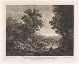 Landscape with Figures Around a Fire and a Draughtsman and Shawm Player on the Bank of a River by William Woollett