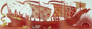 Three tiles depicting a ship sailing at sunset by William de Morgan