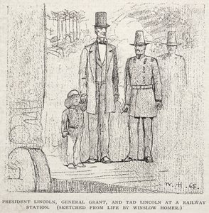 President Lincoln, General Grant, and Tad Lincoln at a Railway Station by Winslow Homer