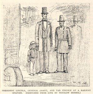 President Lincoln, General Grant, and Tad Lincoln at a Railway Station, from The Century Magazine, November 1887 by Winslow Homer