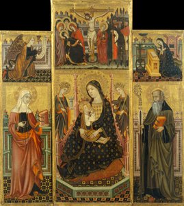 Altarpiece of the Virgin Suckling the Child, Saint Clare and Saint Anthony the Abbott by Workshop of Llorenç Saragossa