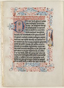 Leaf Excised from a Book of Hours: Angel with a Banderole within a Flourished Border