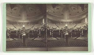 Untitled [Auditorium Decorated with US Flags] by Wright and Hartwell