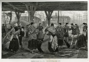 Desalation of the skins, by women scraping the remains of the beasts stretched under the structures of the halls of the port of Antwerp. Engraving by X.Mellery, to illustrate the story of Belgium, by Camille Lemonnier, published in the Tour du monde, edite