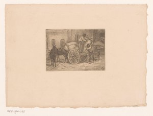 Men unloading sacks from a mule-drawn cart