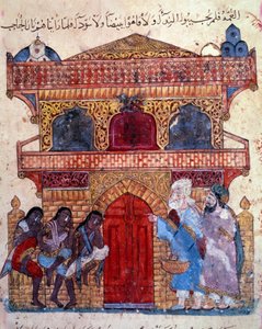 The bourgeois al-Harith, son of Hammam, and the wandering navigator Abu-Zayd in front of the palace of King. Miniature from the Maqamat (Seances) of Abu Mohammed al-Kasim ibn Ali Hariri (1054-1122) by Yahya ibn Mahmud Al Wasiti