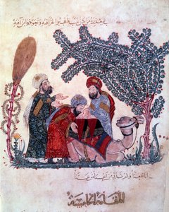 The bourgeois al-Harith, son of Hammam, discovers a message from the wandering navigator Abu-Zayd. Miniature taken from the Maqamat of Abu Mohammed al-Kasim ibn Ali Hariri by Yahya ibn Mahmud Al Wasiti