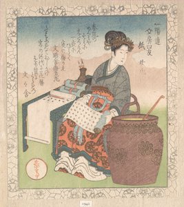 Nuji (Japanese: Joki; female attendant who compiled writings by Daoist sages); “Paper” (Kami), from Four Friends of the Writing Table for the Ichiyō Poetry Circle (Ichiyō-ren Bunbō shiyū) From the Spring Rain Collection (Harusame shū), vol. 1 by Yashima Gakutei