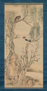 Birds in Willows and Blossoming Peach Tree by Yosa Buson