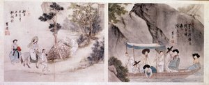 Korean art: walking and boat scene by Yun bok Sin