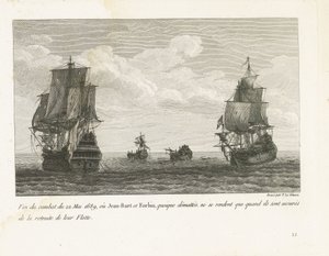 End of the Battle of Jan Bart on May 22, 1689 Fin du combat du 22 Mai 1689, ou Jean-Bart et Forbin, quoique démattés, ne se rendent que quand ils son assurés de la retraite de leur Flotte (title on object) Recueil des combats de Jean-Bart, chef d