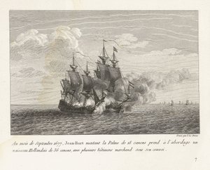 Jan Bart Captures a Dutch Frigate, 1677 (In September 1677, Jean-Bart aboard the Palme with 18 cannons captures a Dutch ship with 36 cannons, along with several merchant ships under its convoy) by Yves Marie Le Gouaz