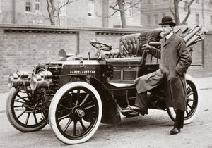 C S Rolls standing beside a 20 hp Panhard motor car by Ferdinand Georg Waldmuller