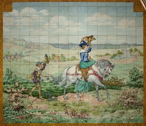 Interior View, Tile Panel, Painter Furcy Ernest Tondeur, Executor Boch Frères La Louvière, Hunting Scene with a Nobleman and a Noblewoman with Falcons by . .