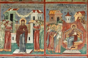 Monastery (manastirea Sucevita). The church. Exterior. The south wall. Mural painting by . .