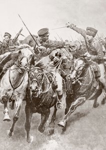 Mounted combat between Russian cossacks and German cavalry known as the Hussars of Death en Schwansfeld, between Korschen and Bartenstein, Eastern Prussia, August 1914 during the First World War, from La Esfera by Ferdinand Georg Waldmuller