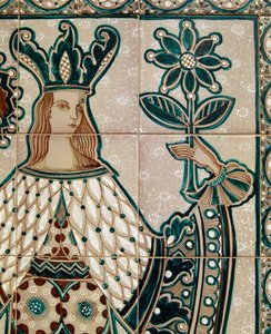Painted Maiolica Panel Depicting Allegorical Scene, Detail