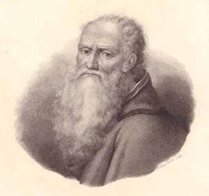 Portrait of Italian painter Bernardino Luini (circa 1481-1532), copper engraving by Caterina Piotti-Pirola from self-portrait of Luini