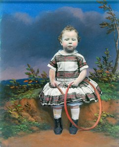 Portrait of a child with a hoop, hand-coloured ambrotype, c 1860