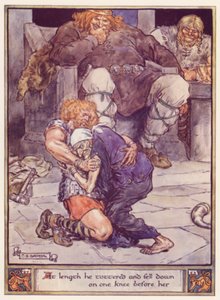 At length he tottered and fell down on the knee before her