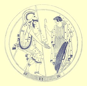 A Seated Warrior Holds His Wine Cup, illustration from Greek Vase Paintings by J. E. Harrison and D. S. MacColl, published 1894 by after English School