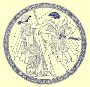 Theseus and Aethra, illustration from Greek Vase Paintings by J. E. Harrison and D. S. MacColl, published 1894