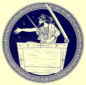 Thoas in the Chest, illustration from Greek Vase Paintings by J. E. Harrison and D. S. MacColl, published 1894