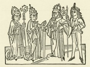 The Holy Roman Emperor and the Pope, accompanied by a knight and a bishop, holding swords, symbolising judicial power in their lands by after German School