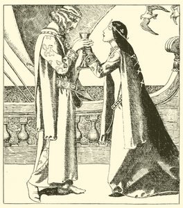 Belle Isoult and Sir Tristram drink the love draught by after Howard Pyle