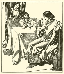 Sir Launcelot sits with Sir Hilaire and Croisette by after Howard Pyle