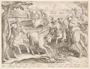 Trapping Wild Bulls by after Jan van der Straet, called Stradanus