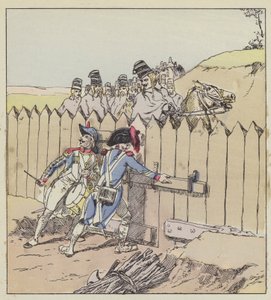 A sergeant of the Saint-Georges garrison recognizes the Austrian hussars by their new coats by after Louis Charles Bombled