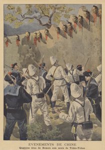 The Boxer Rebellion: the decapitated heads of fourteen Boxers displayed on the walls of Tchio-Tchao